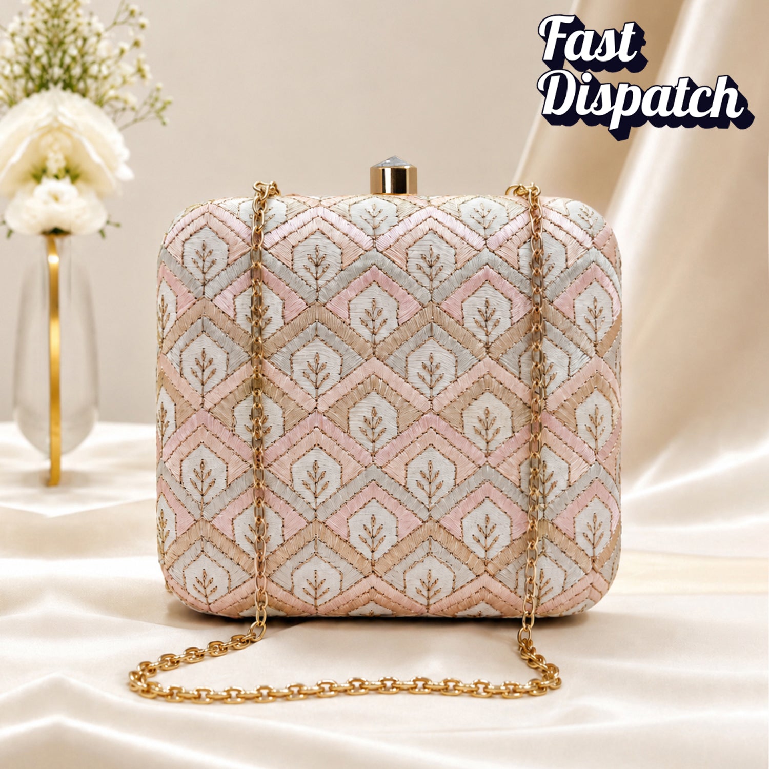 Artklim White & Pink Geometric Floral Embroidered Clutch