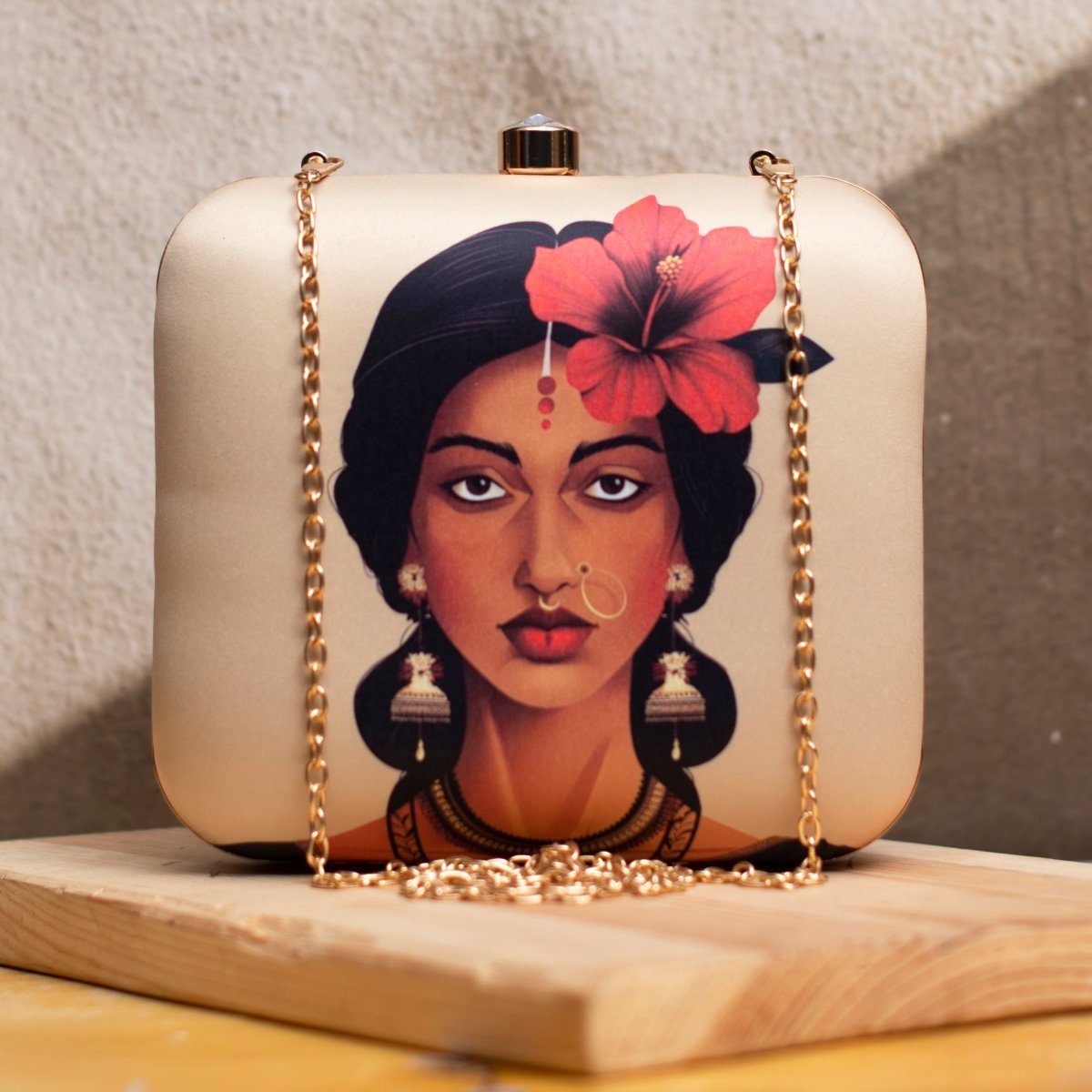 Cream Floral Woman Portrait Clutch