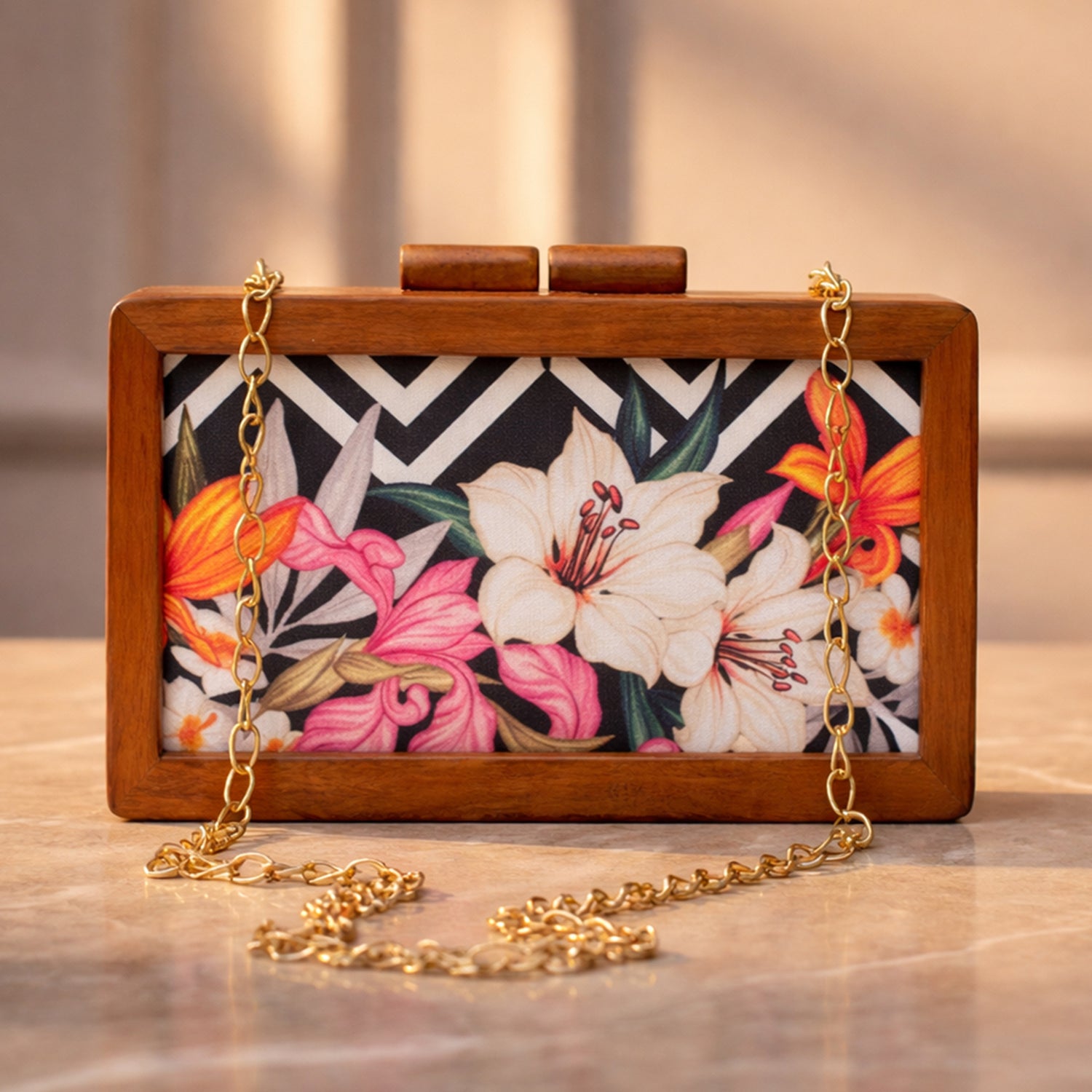 Artklim White Floral Wooden Printed Clutch