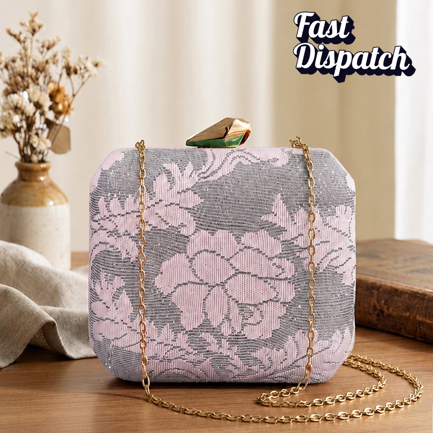 Artklim Floral Jacquard Grey & Blush Pink Clutch