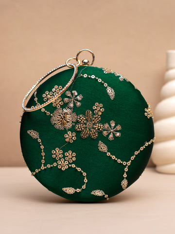Artklim Green & Gold Embellished Round Clutch