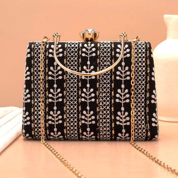 Artklim Black Base White Threadwork Embroidery Clutch