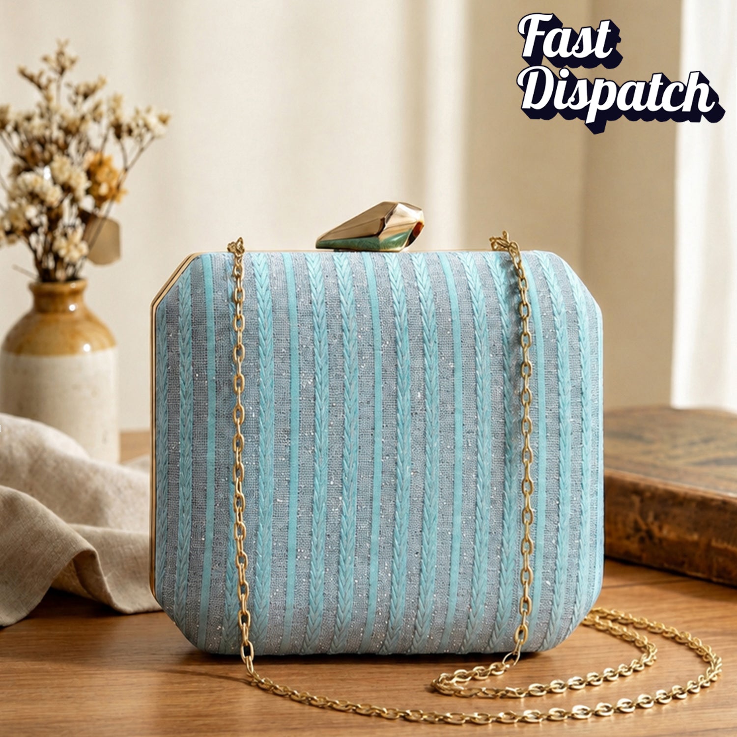 Artklim Blue Embroidered Striped Clutch