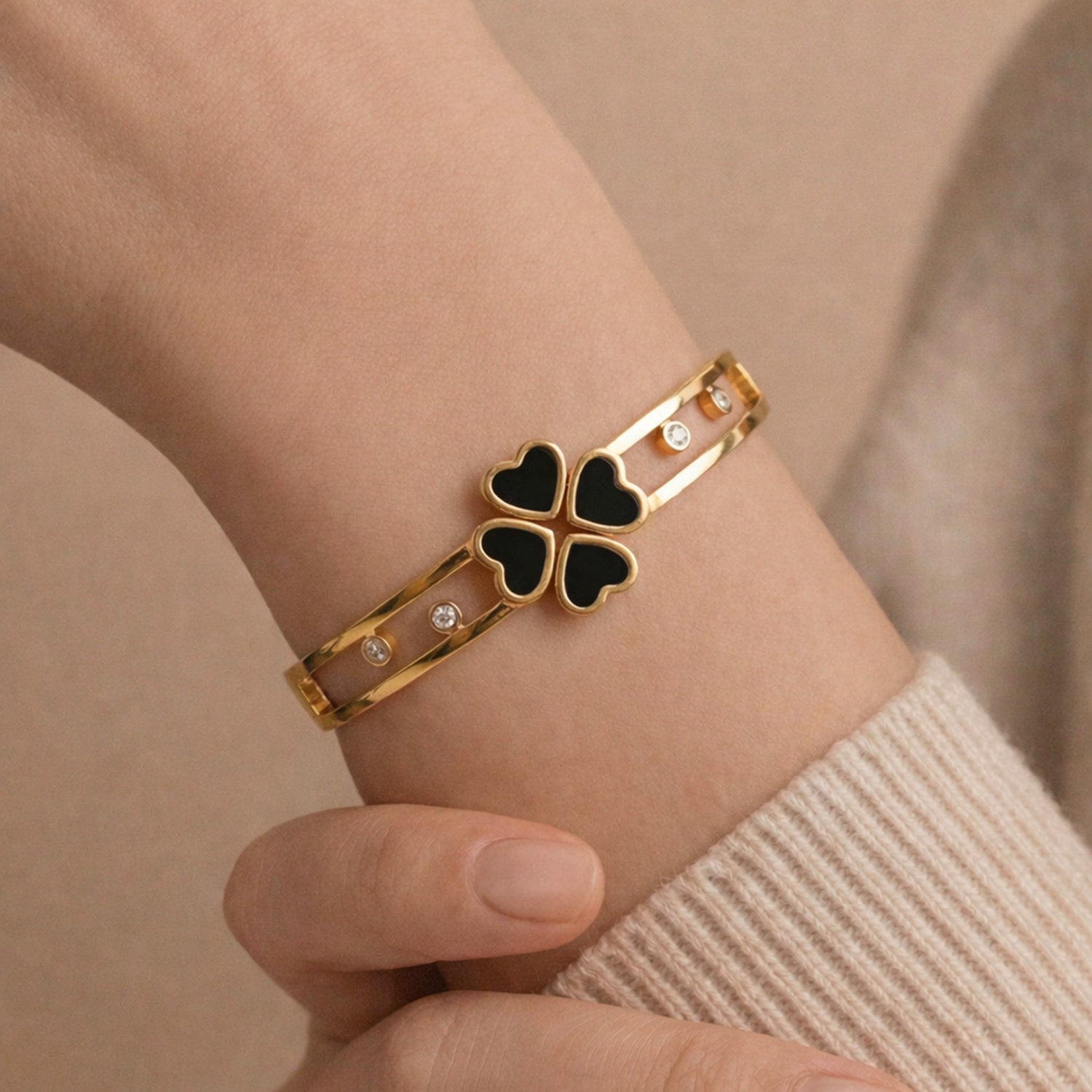 Artklim Gold Plated Four Heart Black Anti-Tarnish Bangle Bracelet