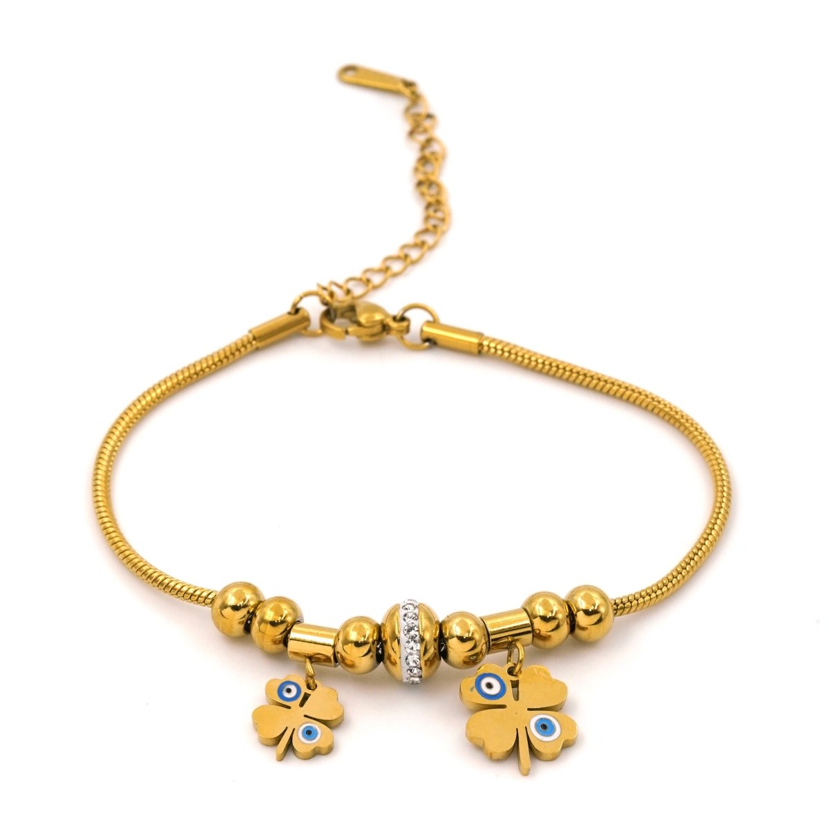 Artklim Gold Plated Evil Eye On Clover Leaves Charms Bracelet