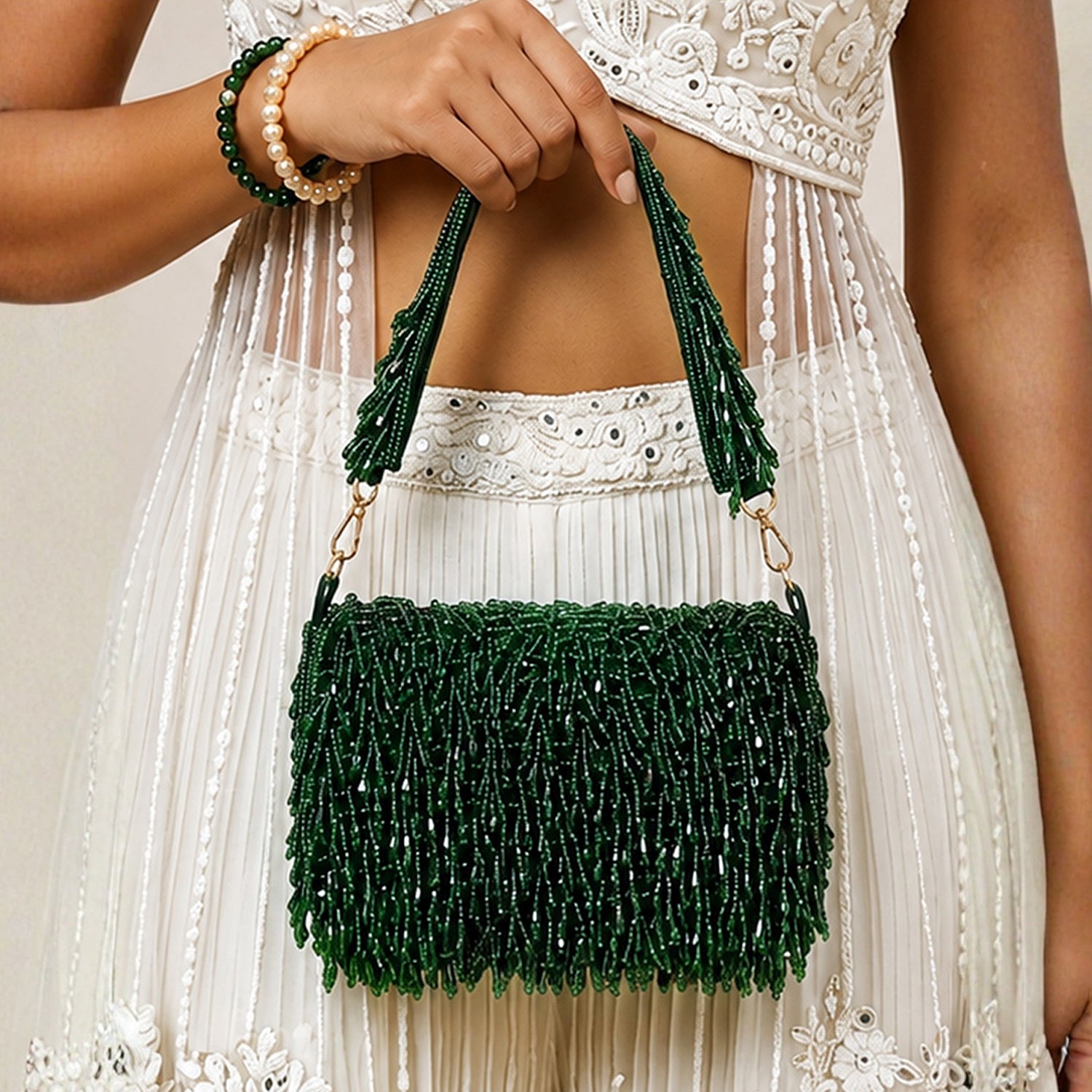 Artklim Emerald Green Handmade Beaded Clutch Bag