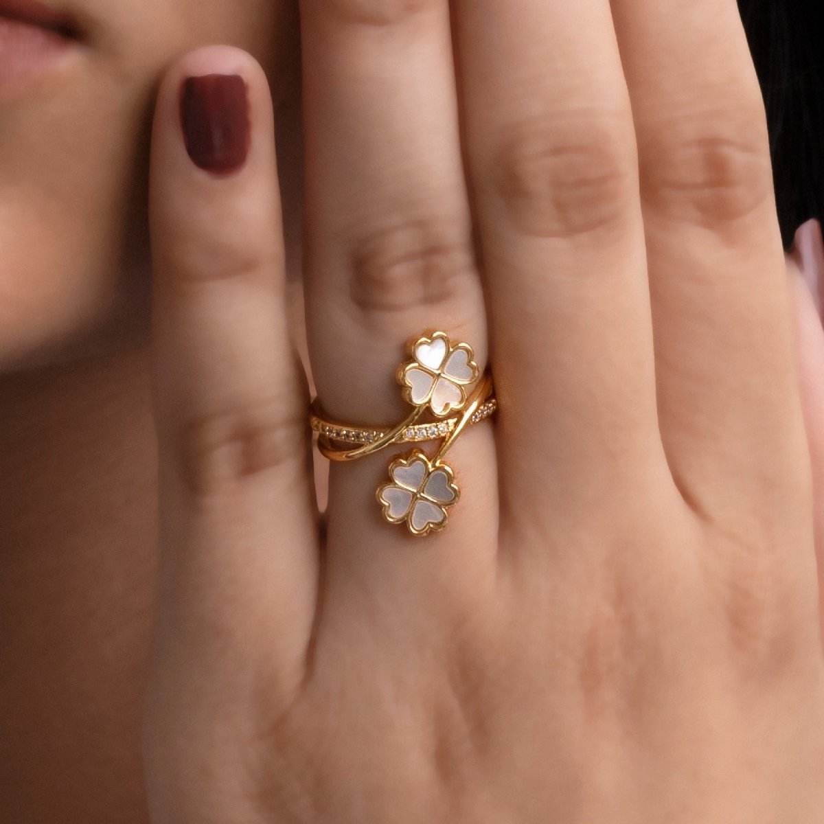 Artklim Gold Plated Clover Leaf Designer Ring
