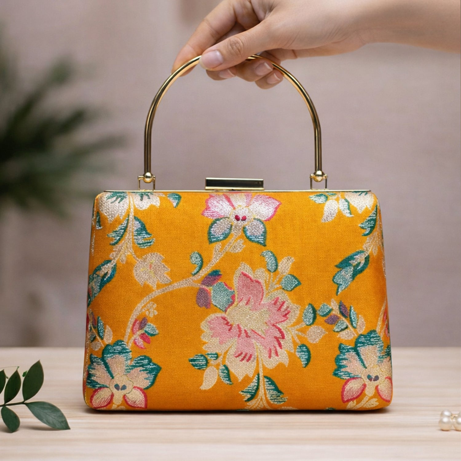 Artklim Yellow Based Pink Floral Printed Brocade Fabric Clutch