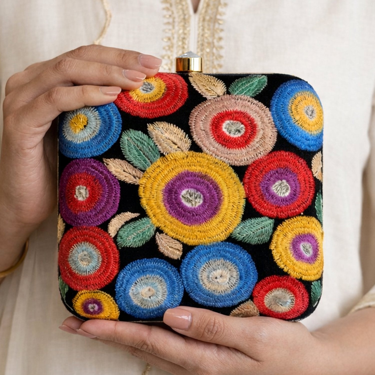 Artklim Vibrant Bloom Multicolor Embroidery Clutch