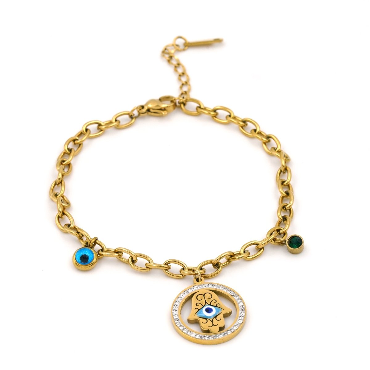 Artklim Gold Plated Round Hamsa Hand Evil Eye Charm Bracelet