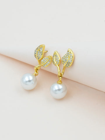 Artklim Gold plated Leaf Sparkle Pearl drop Earrings
