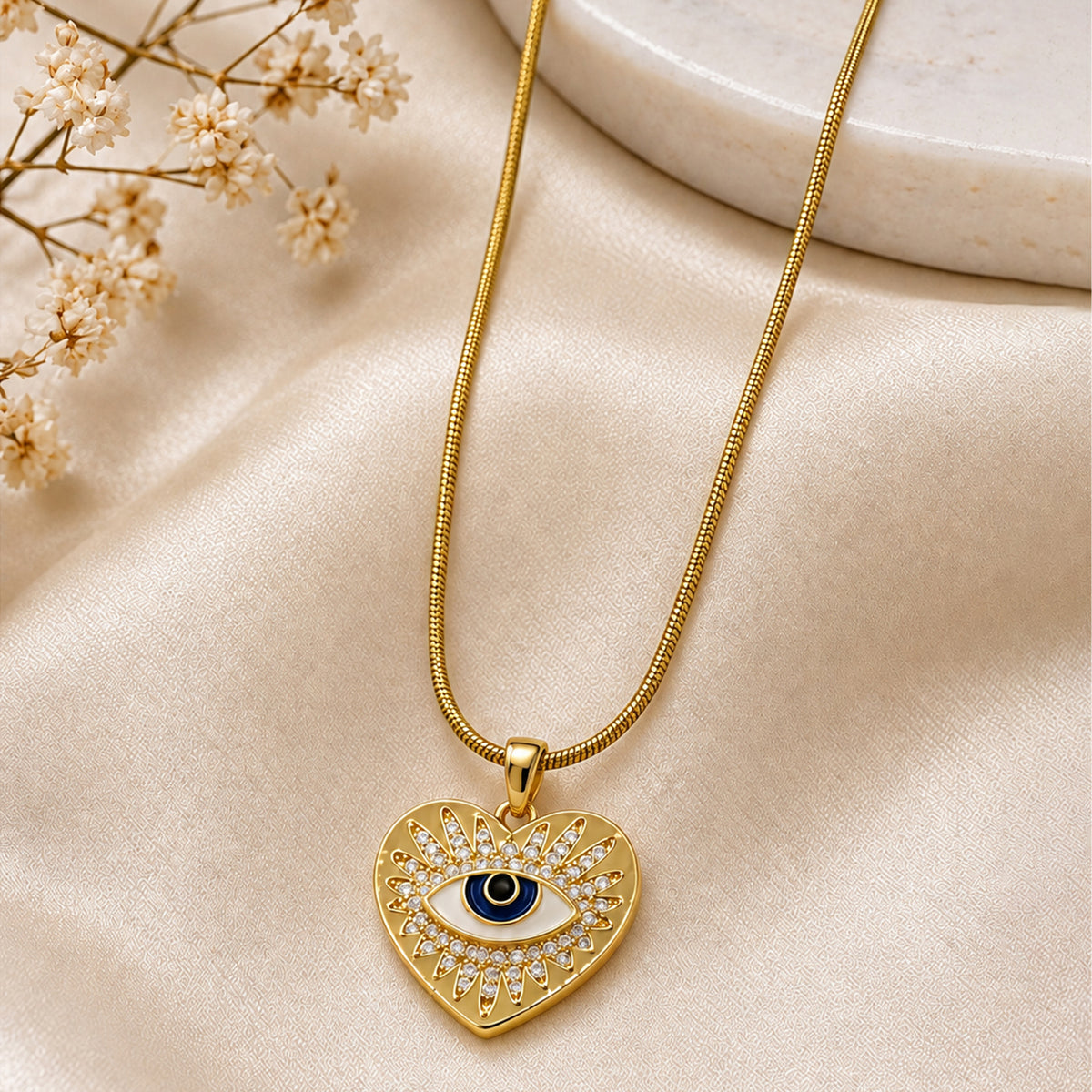 Artklim Elegant Evil Eye Heart Crystal Cut Anti-Tarnish Pendant Necklace