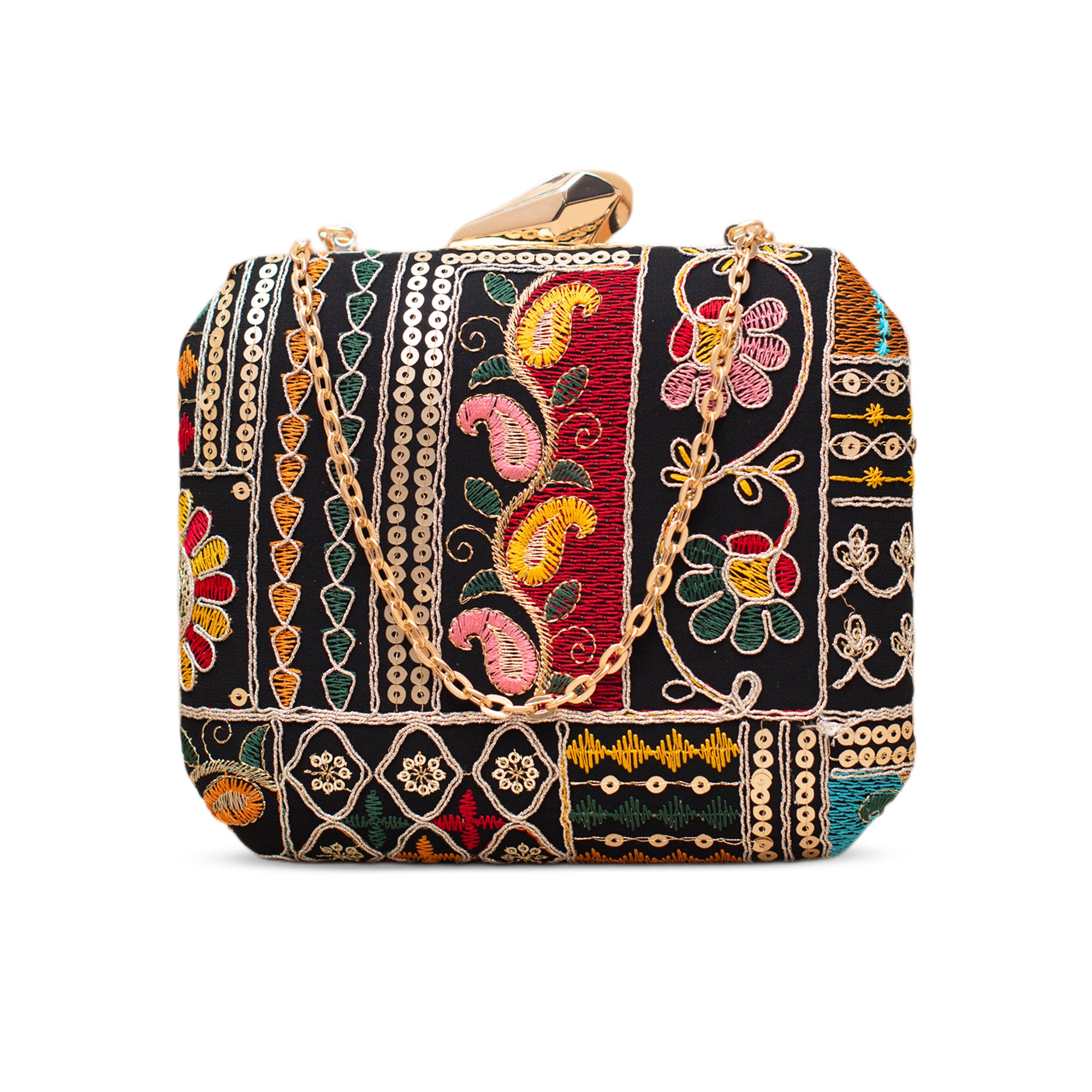 Artklim Black Multicolor Floral Embroidered Clutch