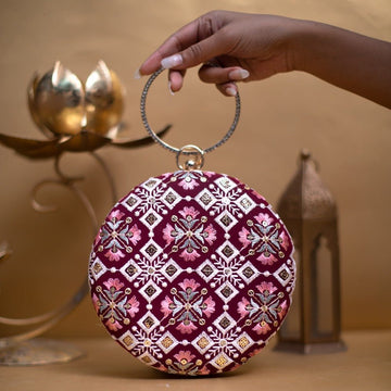 Maroon And Pink Floral Embroidery Round Clutch