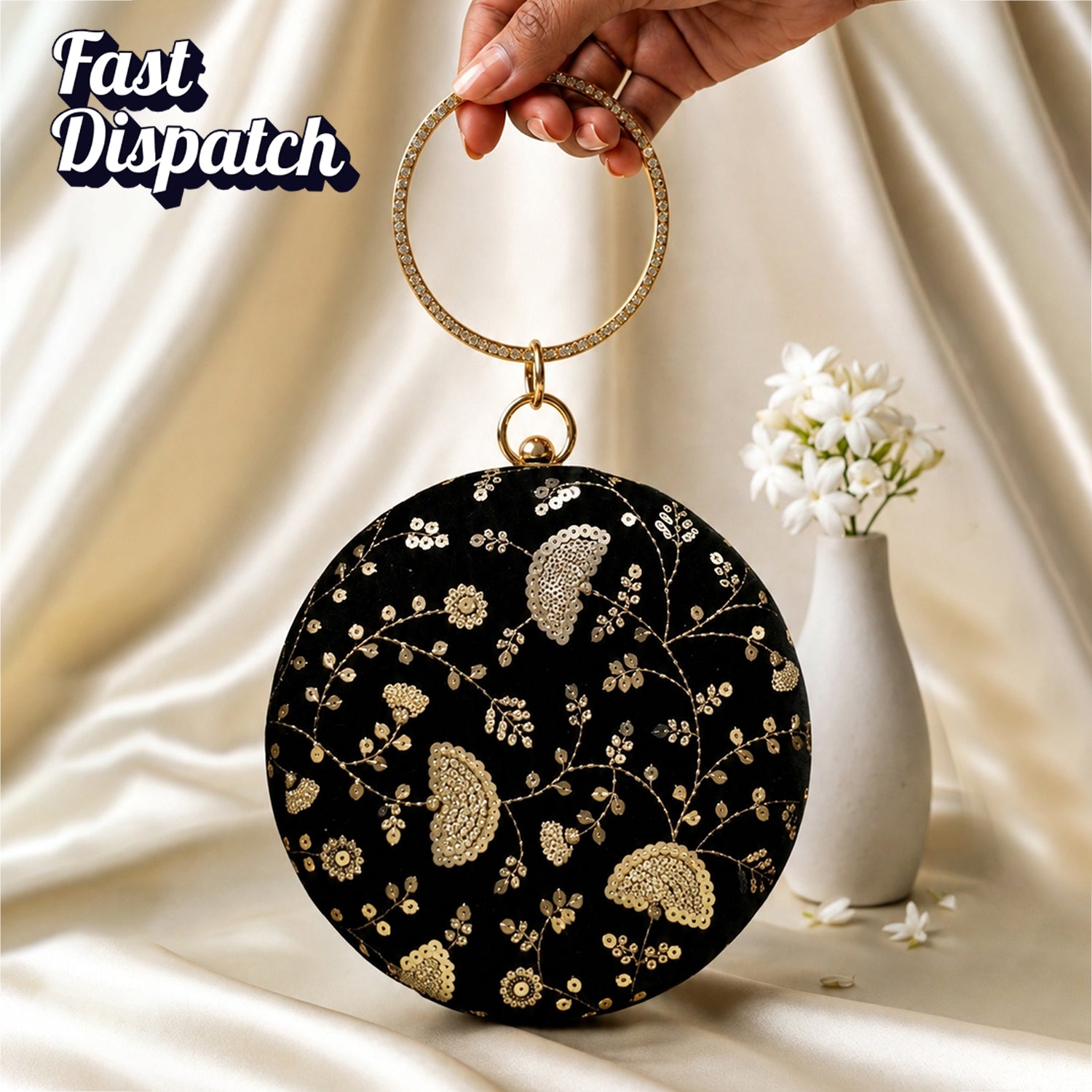 Artklim Black Floral Embroidered Round Handle Designer Clutch