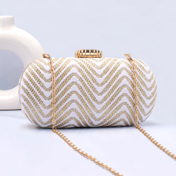 Artklim White Based Golden Threadwork Embroidery Capsule Clutch