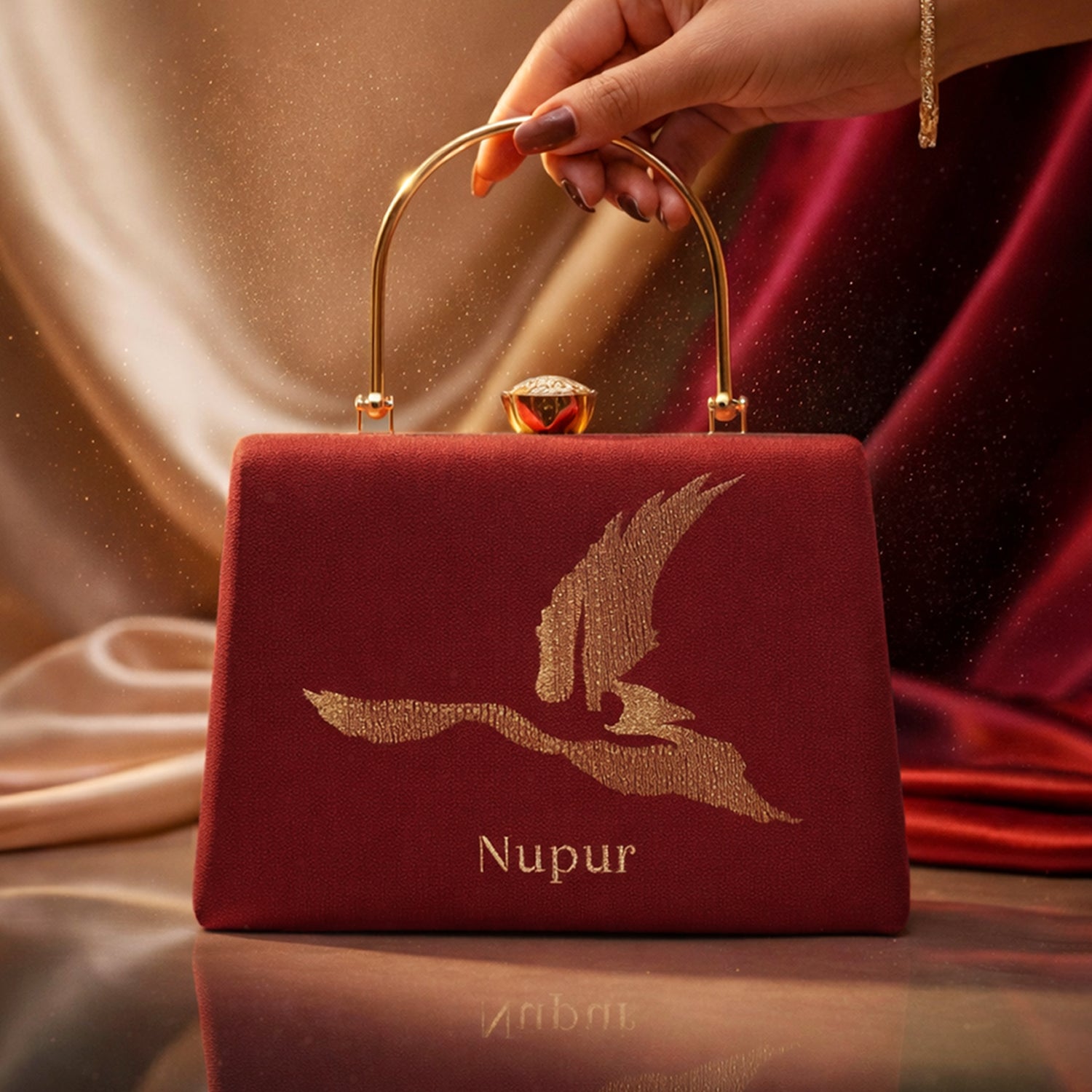 Artklim Crimson Wing Embroidery Name Customized Clutch