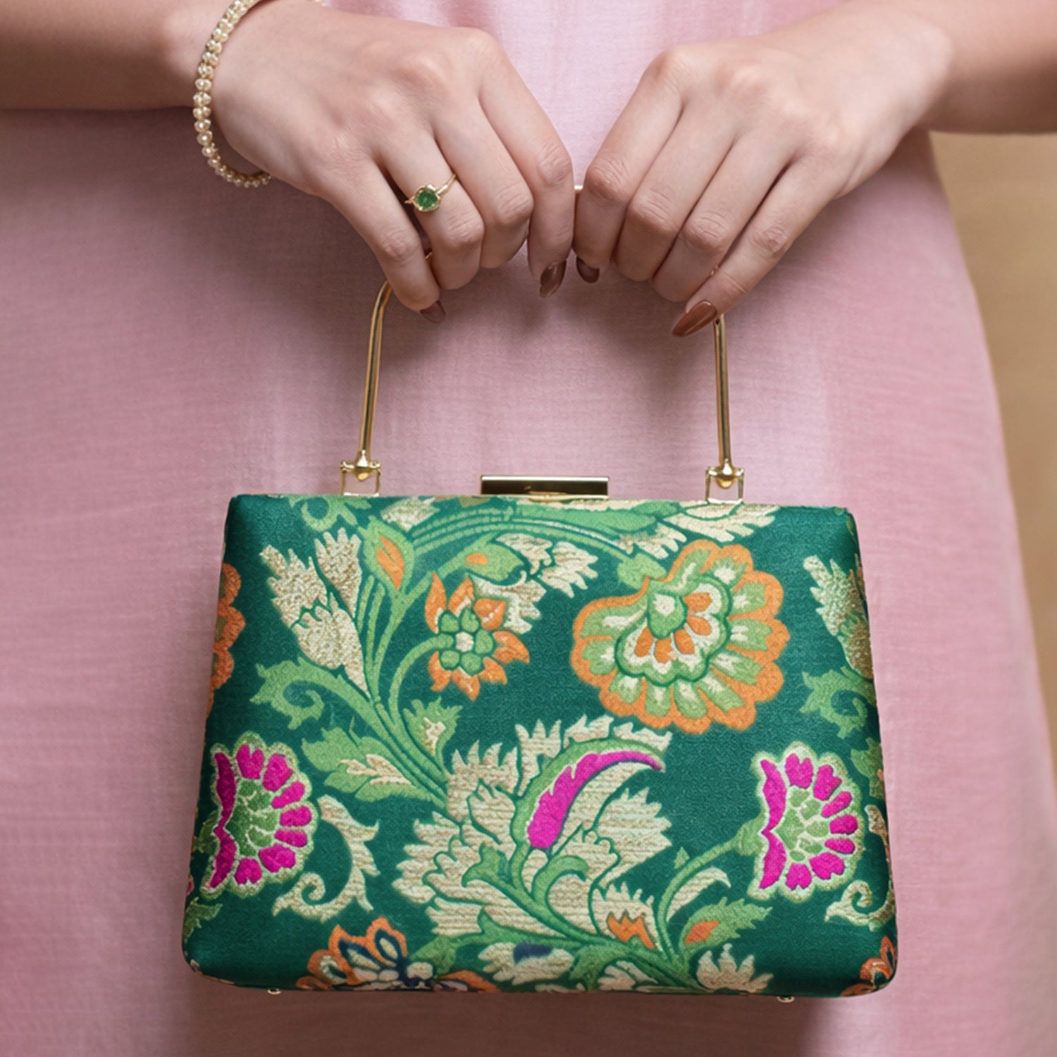 Artklim Dark Green Based Floral Pattern Printed Brocade Fabric Clutch