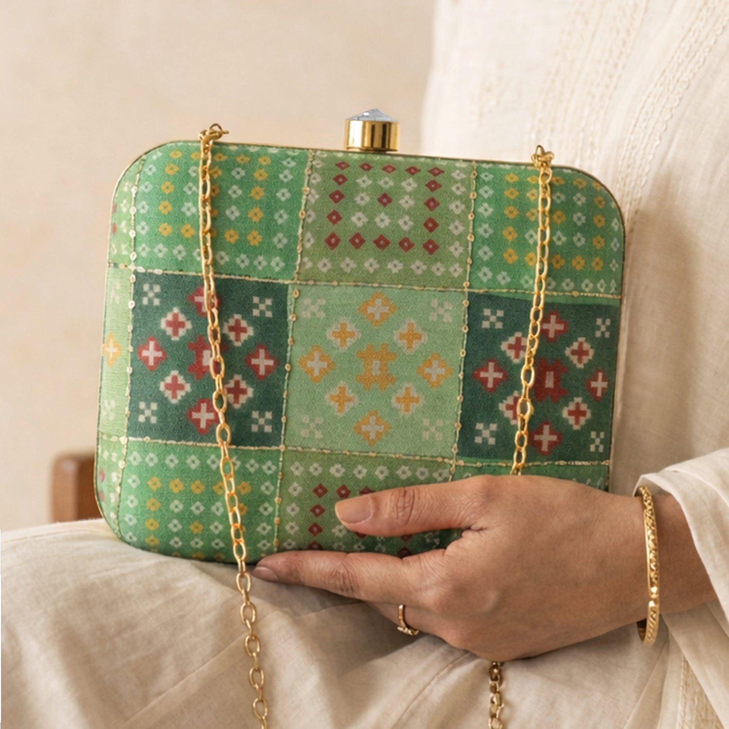 Artklim Women’s Green Ethnic Patchwork Box Embroidred Clutch