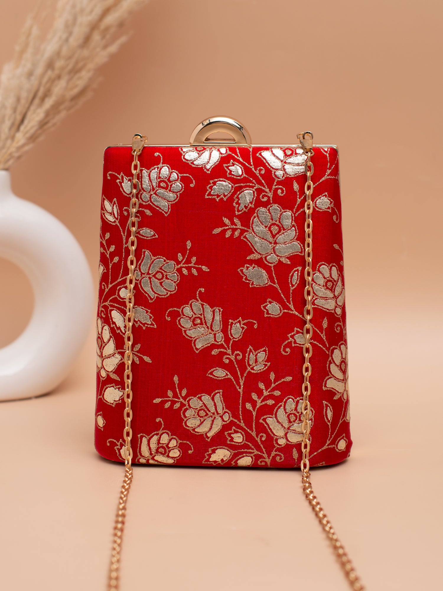Artklim Red Clutch with Silver Floral Brocade