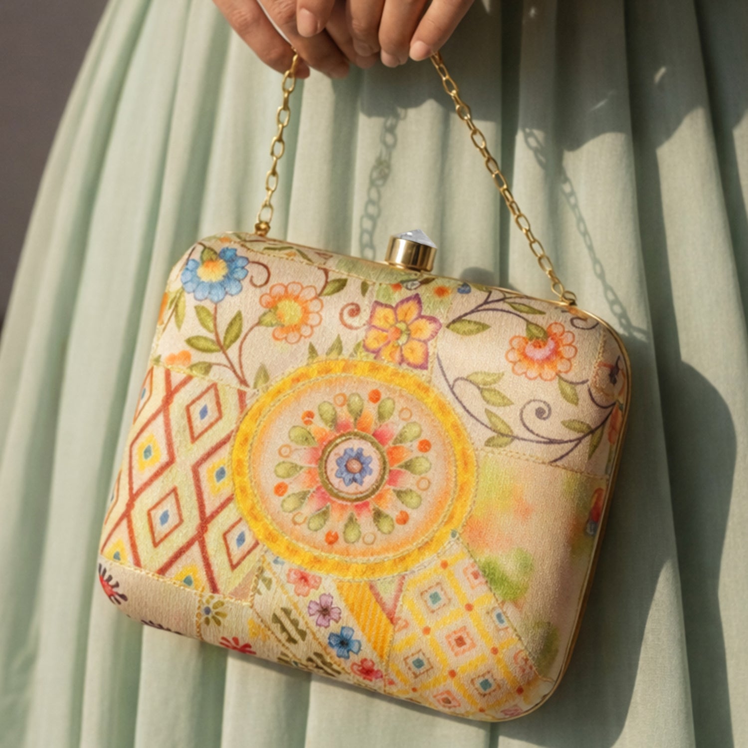 Artklim Women’s Beige Ethnic Patchwork Floral Box Embroidred Clutch
