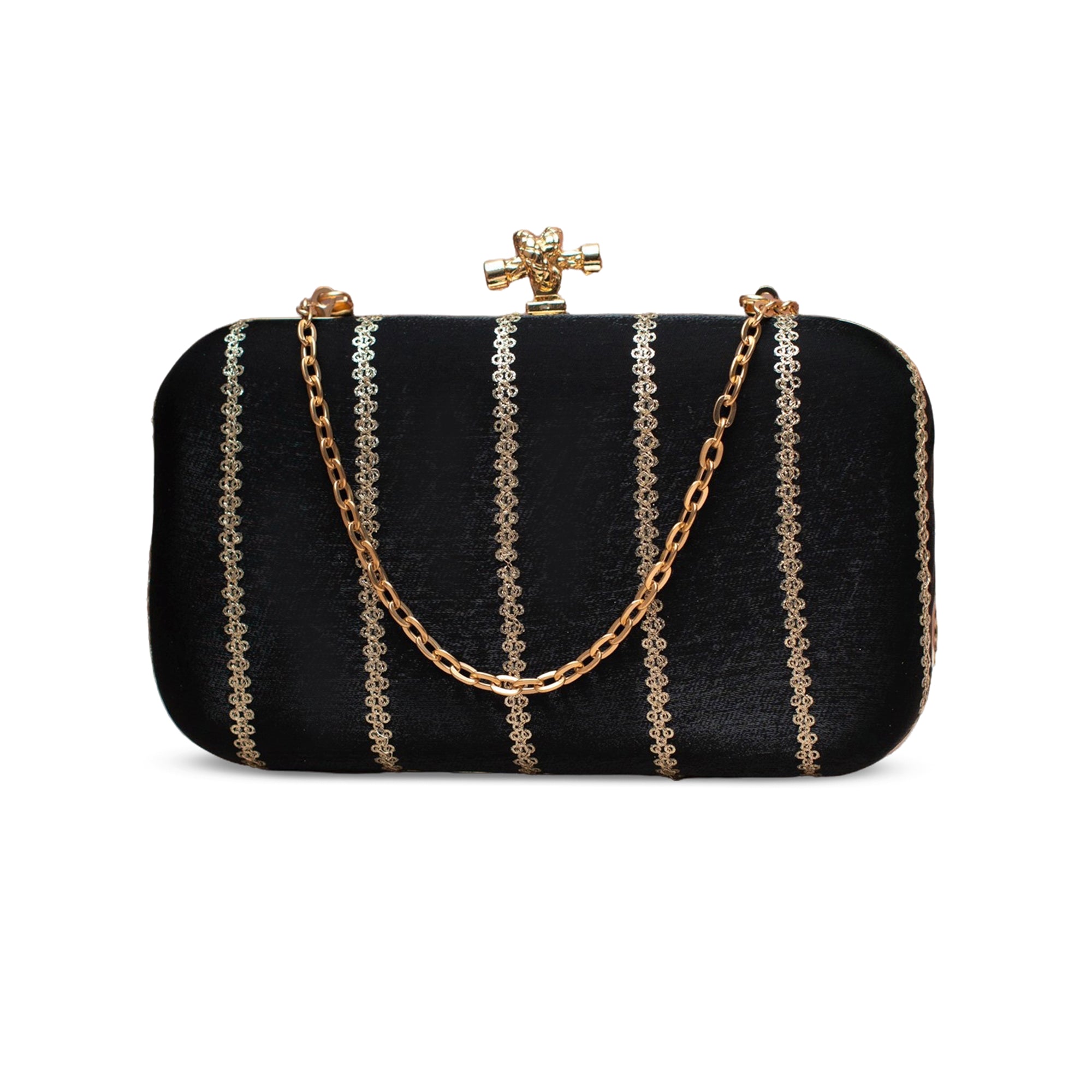 Artklim Midnight Black Gold-Striped Embroidered Clutch