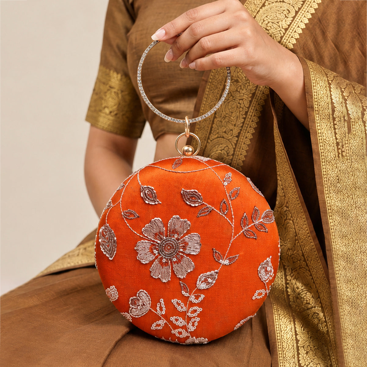 Artklim Elegant Orange Floral Embroidered Round Clutch Bag with Crystal Ring Handle