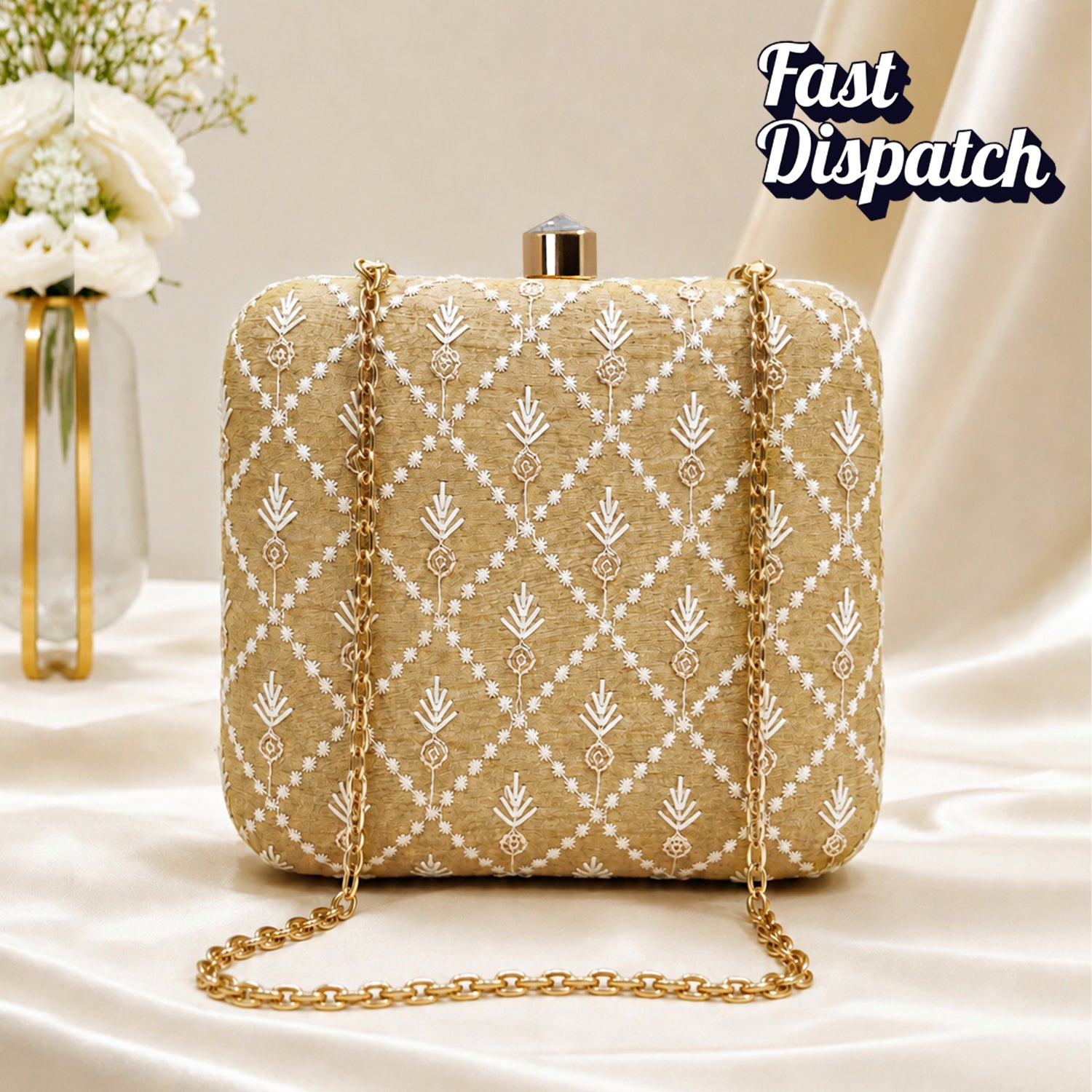 Artklim Beige & White Embroidered Floral Clutch