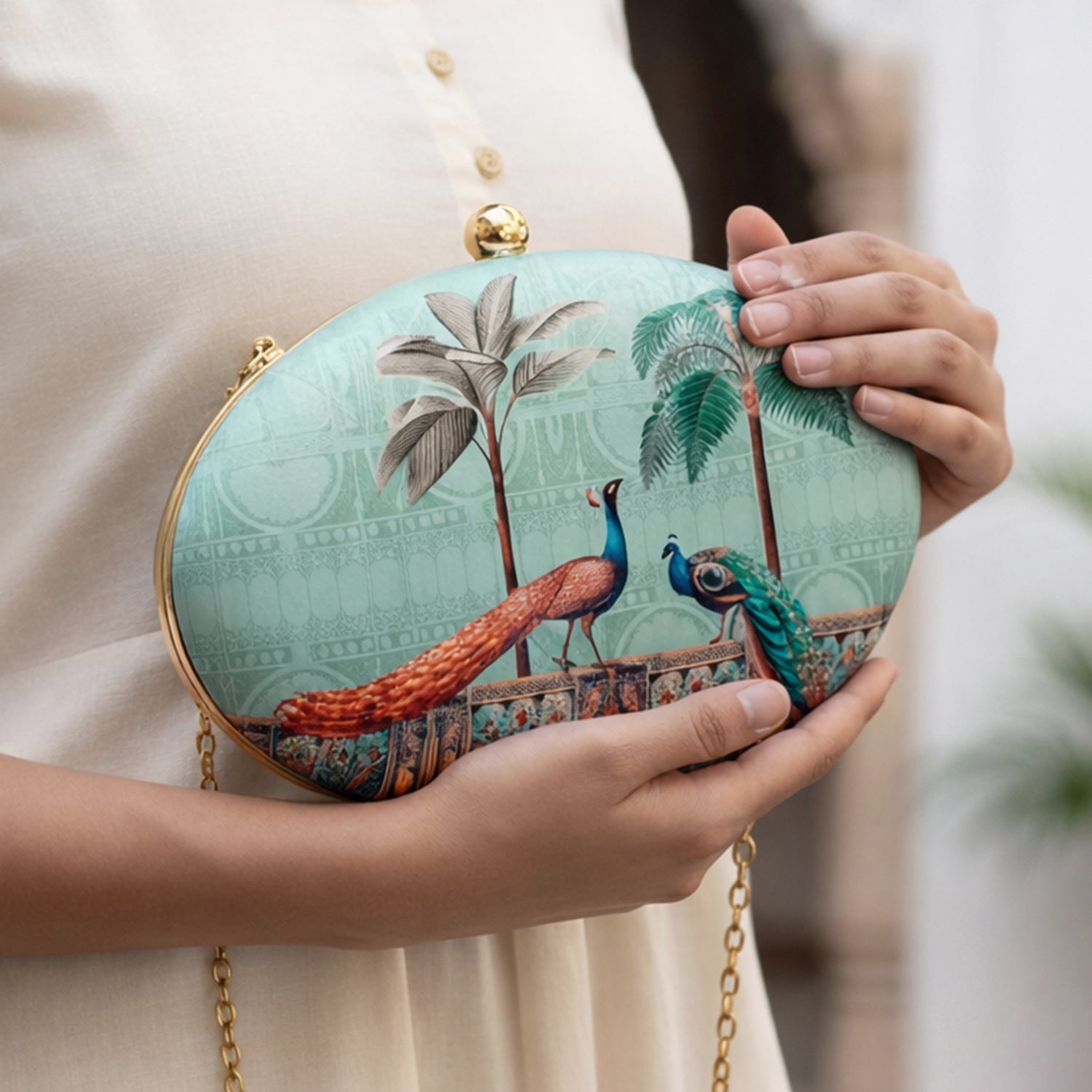 Peacock Pattern Oval Clutch