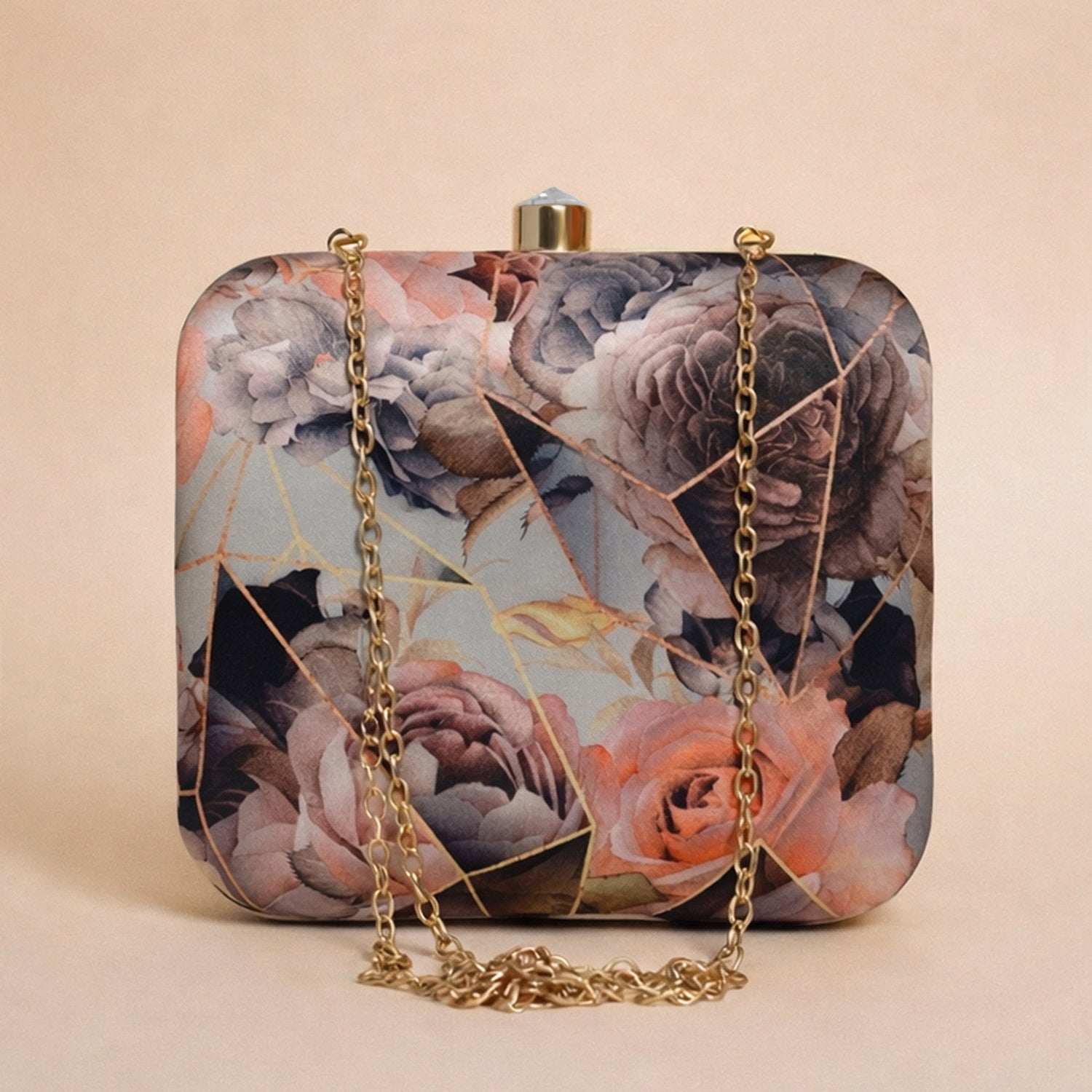 Artklim Grey and Pink Rose Printed Clutch