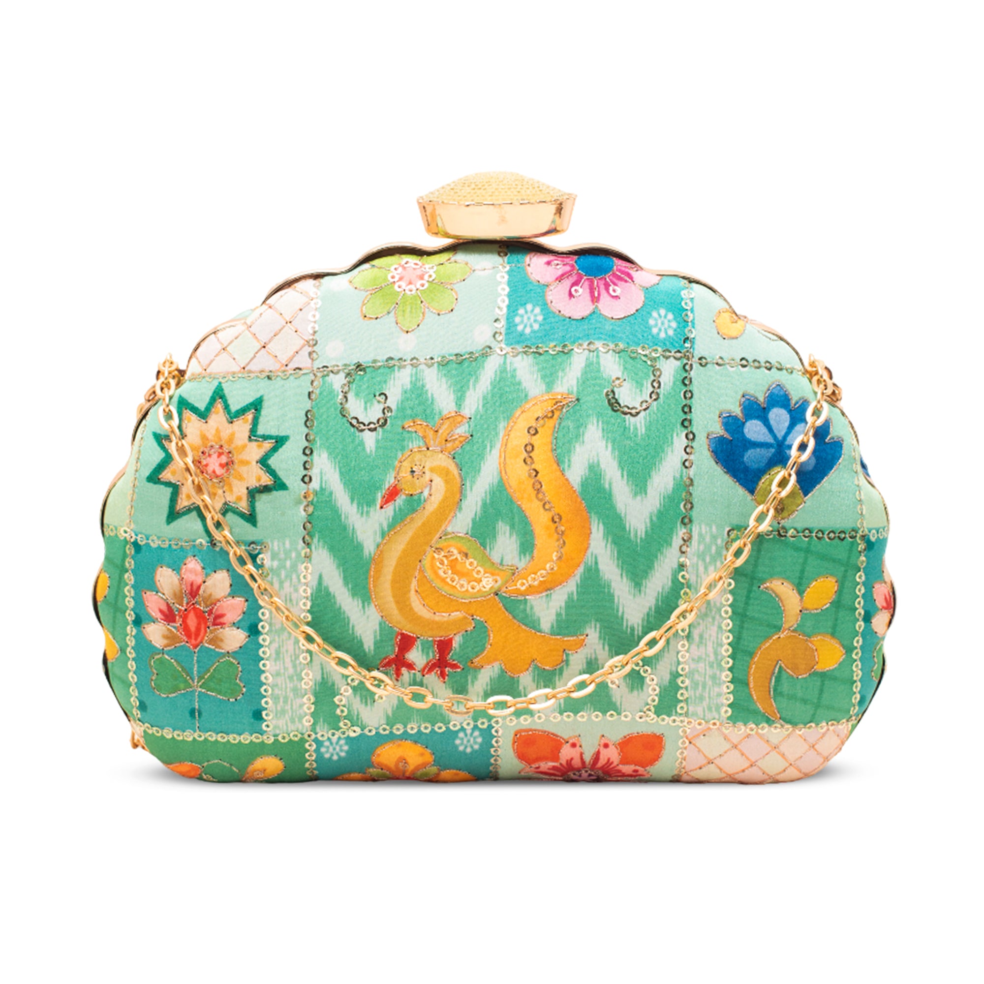 Artklim Peacock Sequins Embroidery D-Shape Clutch