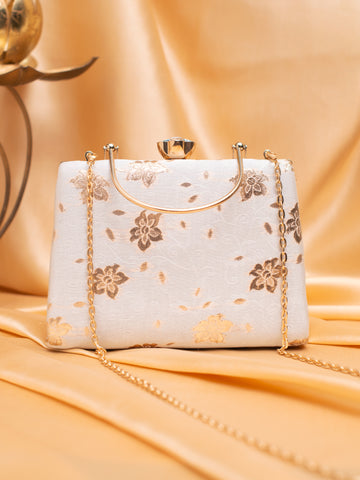 Artklim Elegant Beige & Gold Floral Brocade Clutch