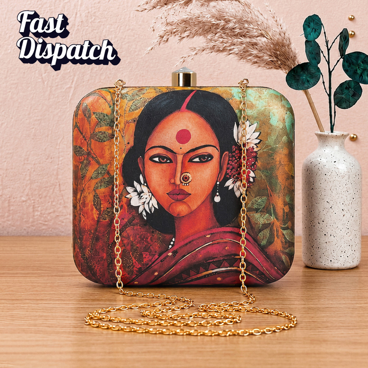 Artklim Indian Folk Art Woman Printed Designer Chain Clutch