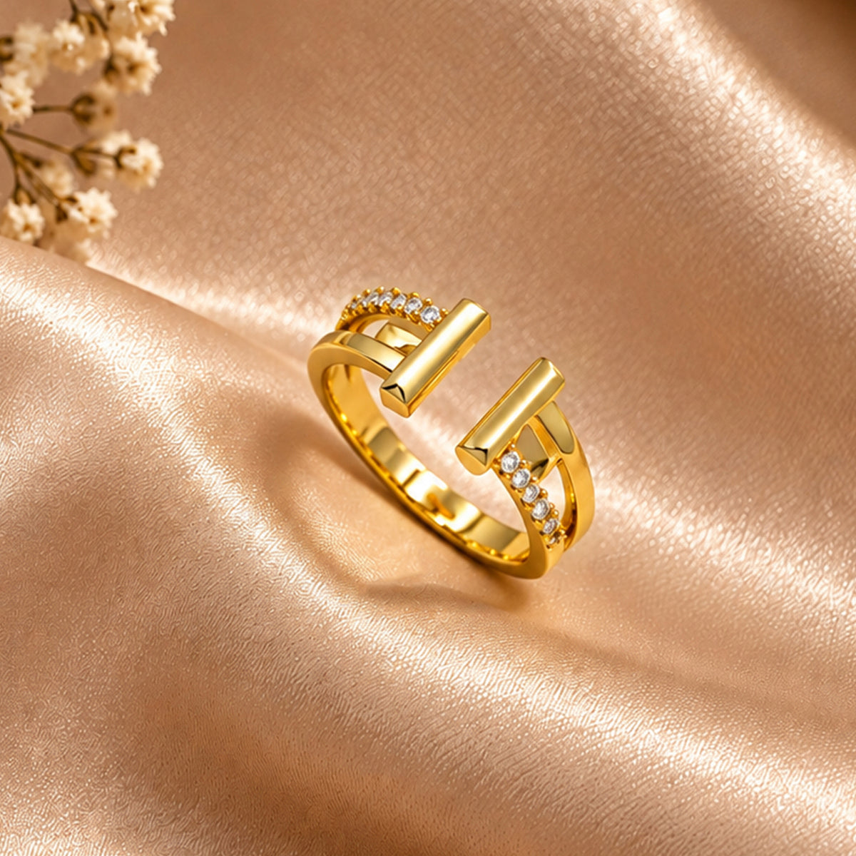 Artklim Minimalist T-Bar Crystal Gold-Tone Statement Anti-Tarnish Ring