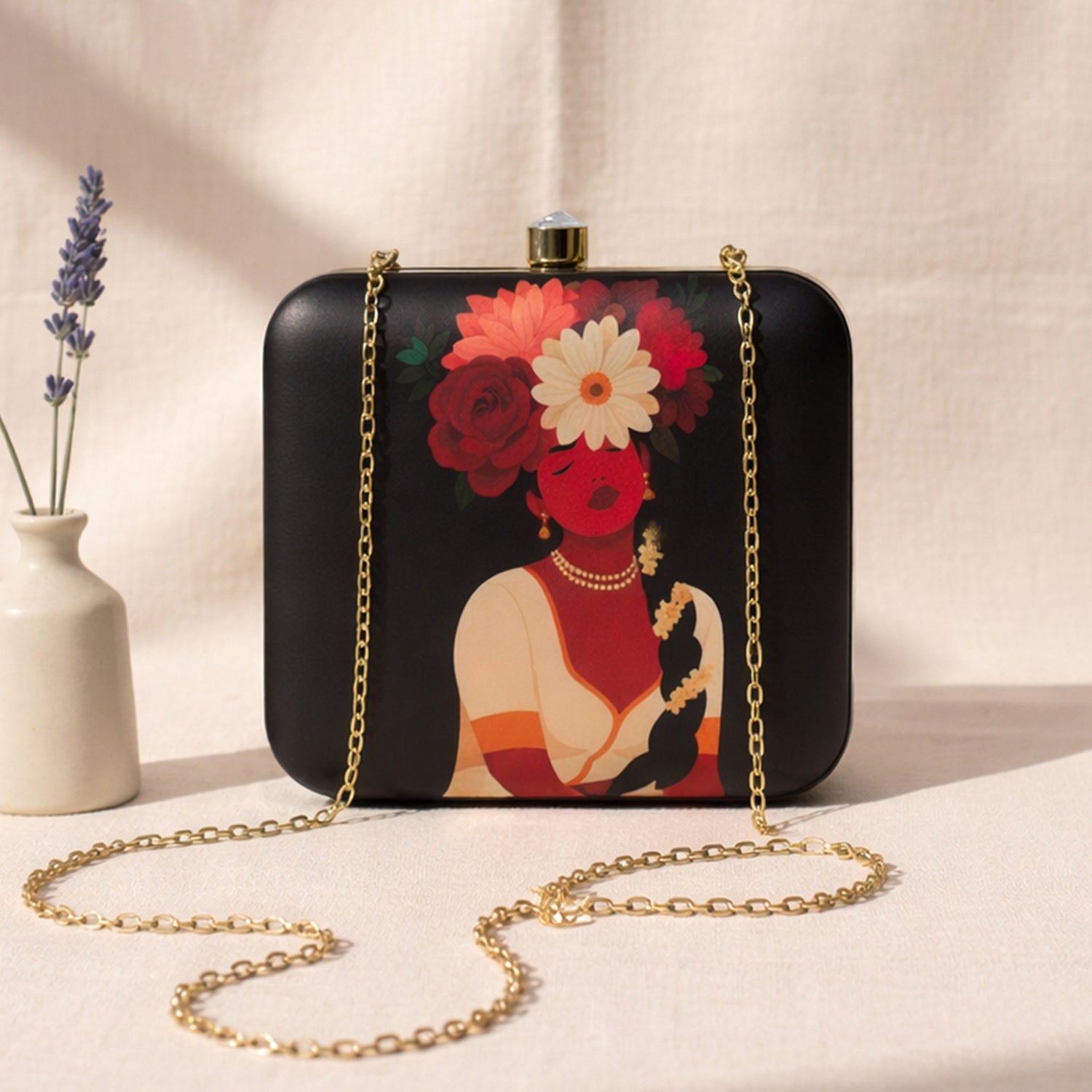 Artklim Black Based Afro Woman Portrait Printed Clutch