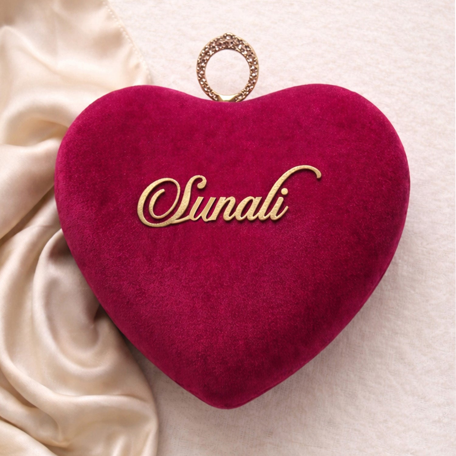 Artklim Pink Heart-Shaped Velvet Name Customized Clutch