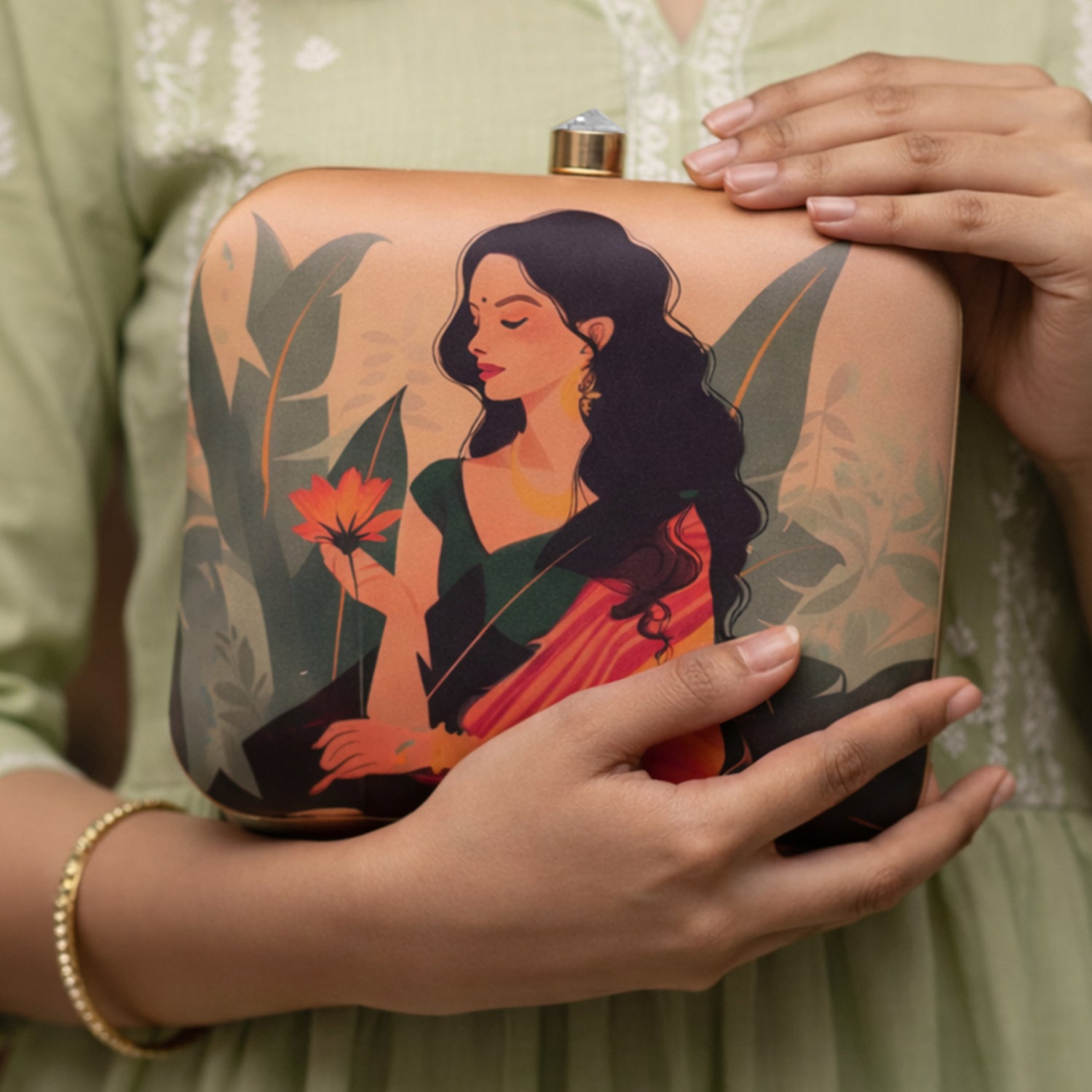 Beige Based Indian Woman In Yellow Saree Printed Clutch
