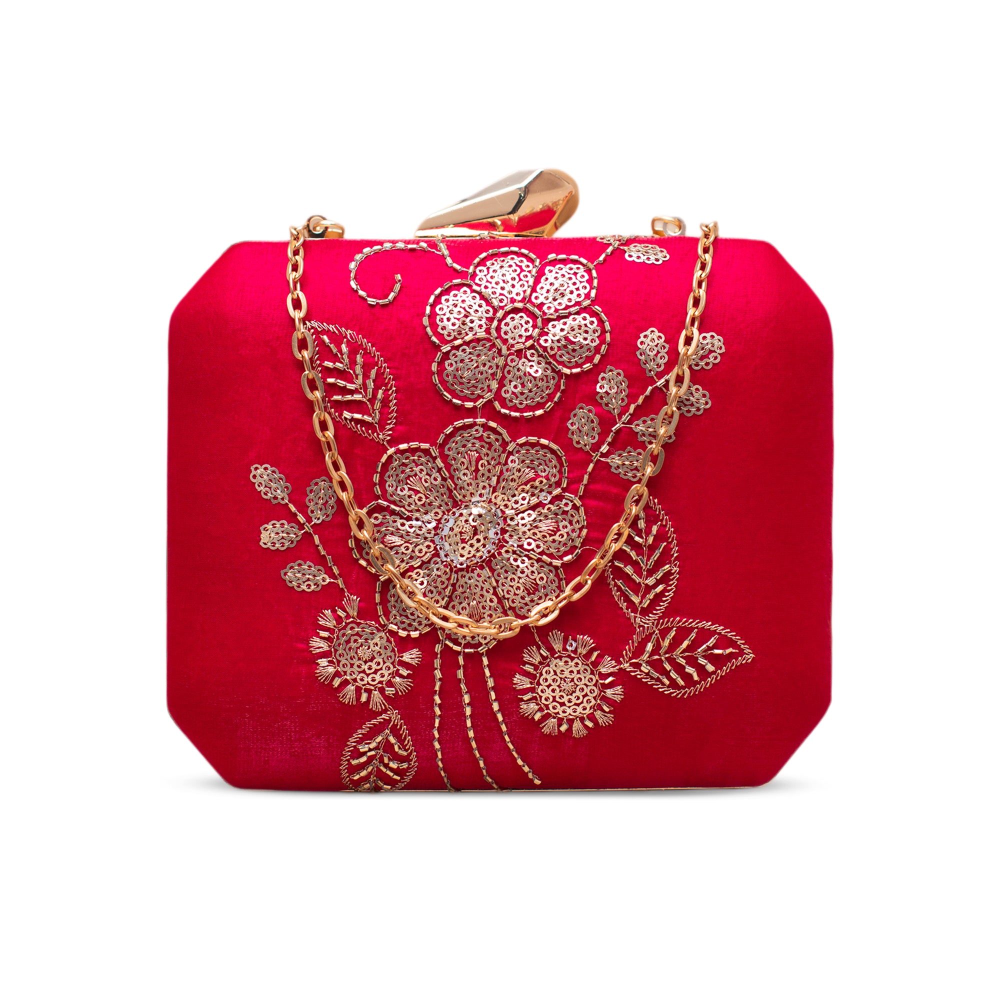 Artklim Elegant Gold Thread Floral Embroidered Clutch