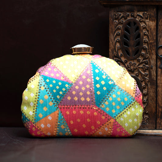 Multicolour Bandhani Pattern Embroidery Clutch