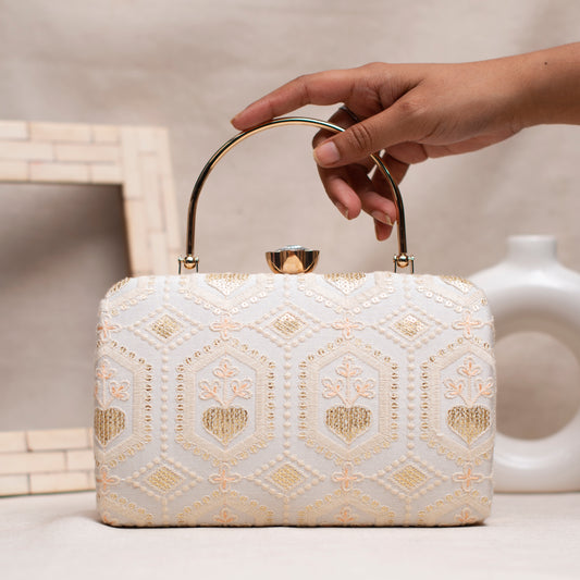 White And Golden Sequins Embroidery Clutch