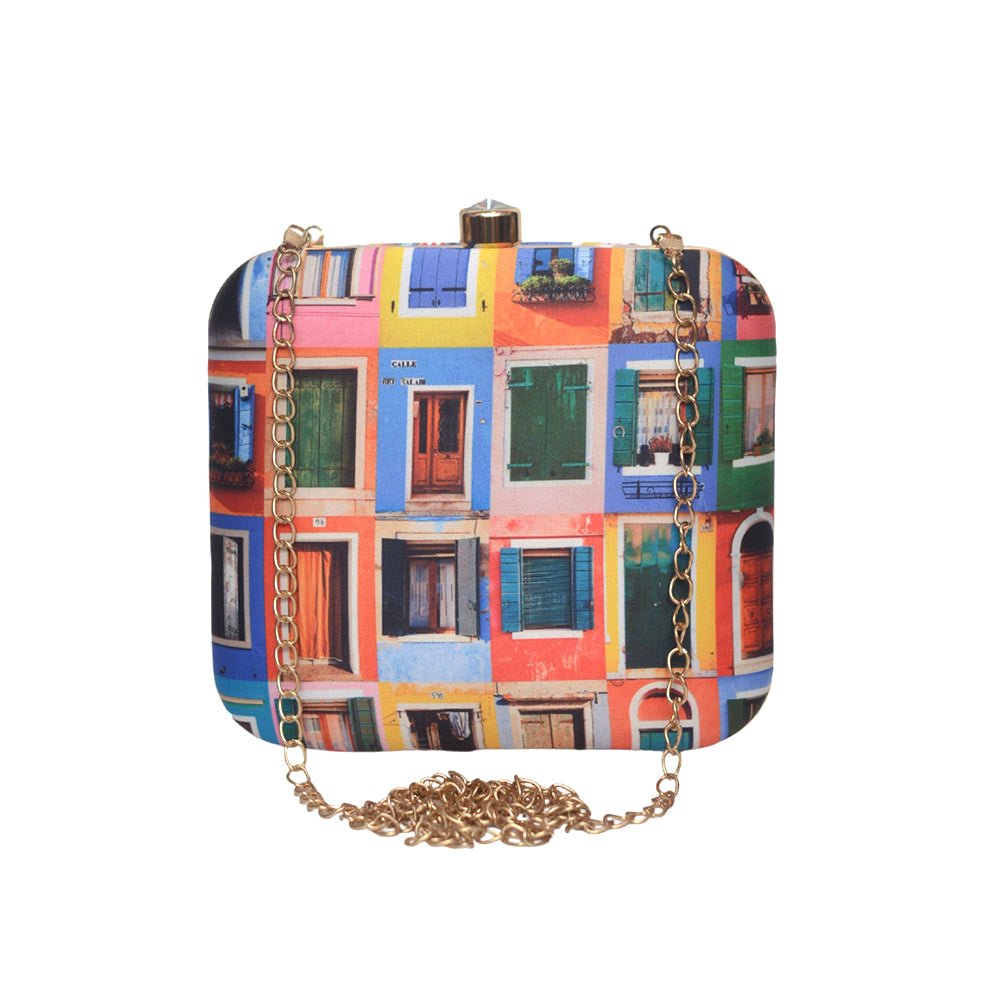 Multicolored Door Printed Clutch