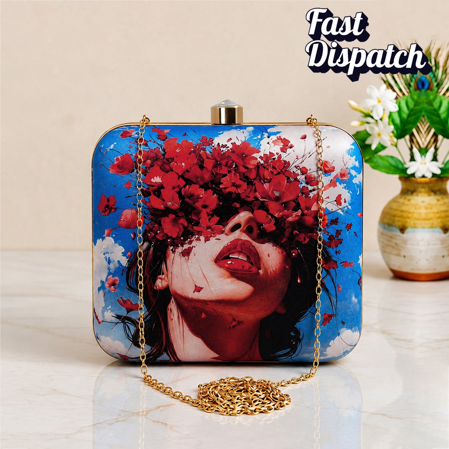 Blue Based Floral Girl With Bold Red Lips Printed Clutch