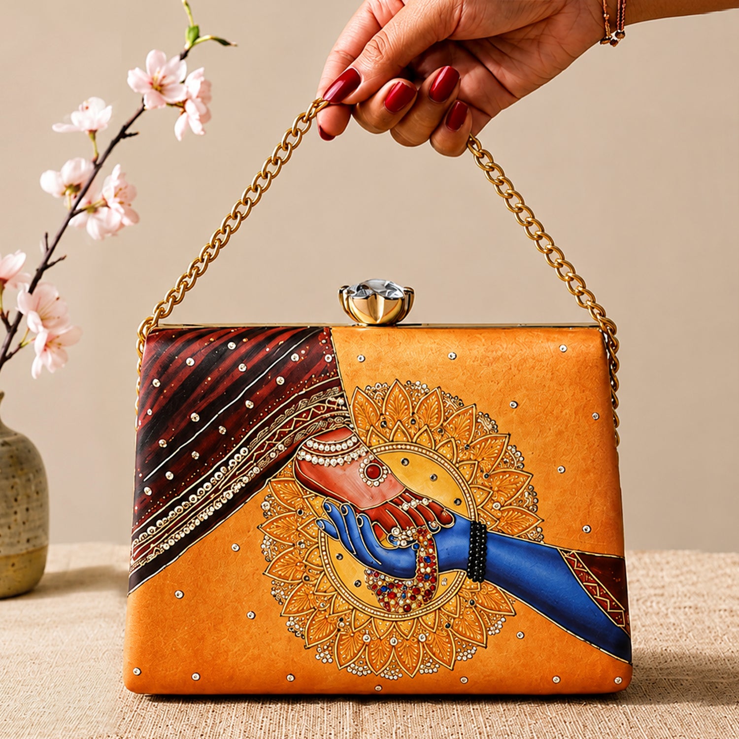 Artklim Printed Divine Hands Traditional Art Clutch with Hand Embroidery