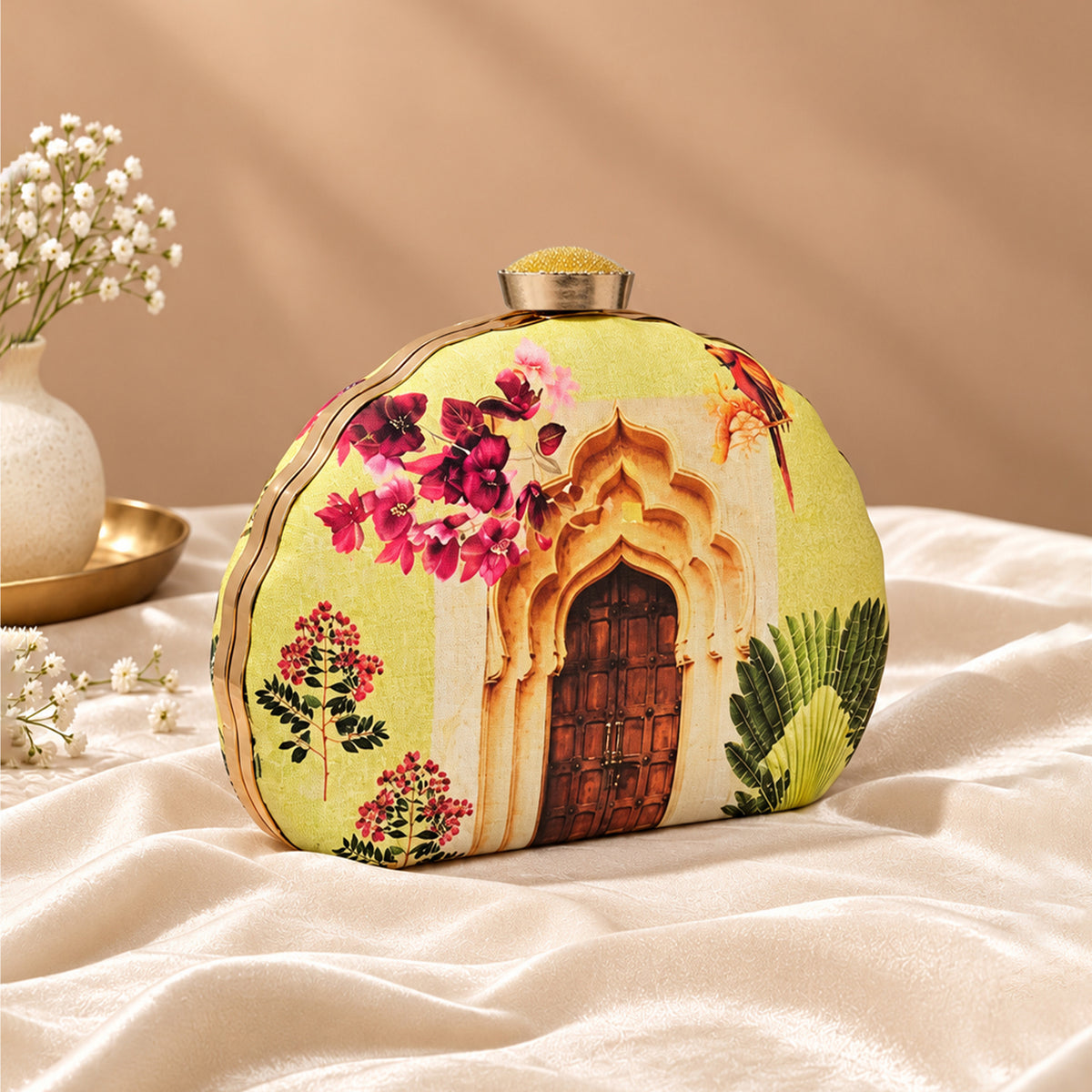 Artklim Elegant Indian Palace Floral Bird Sling Chain Printed Clutch