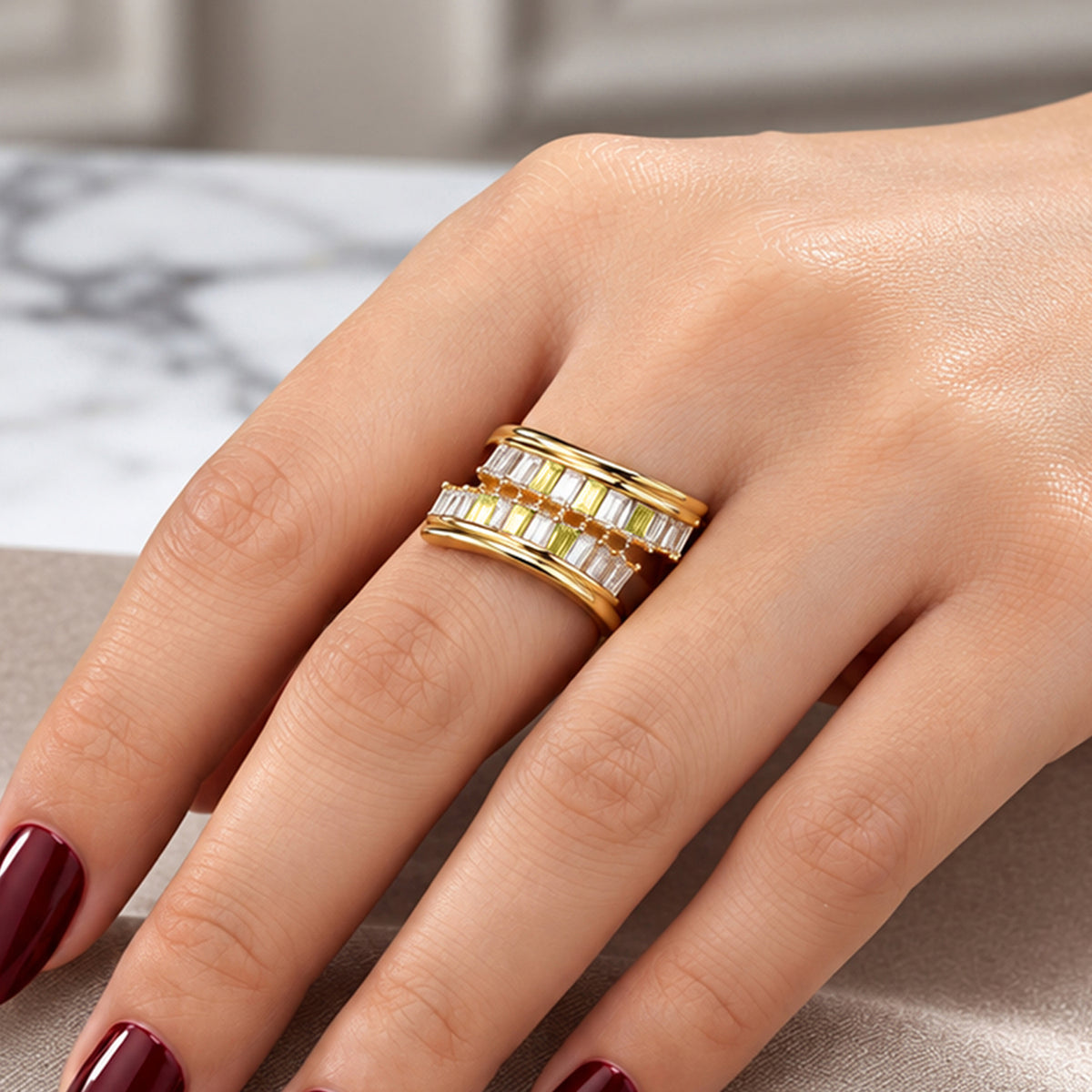 Artklim Elegant Double Row Baguette Crystal Gold-Tone Anti-Tarnish Ring