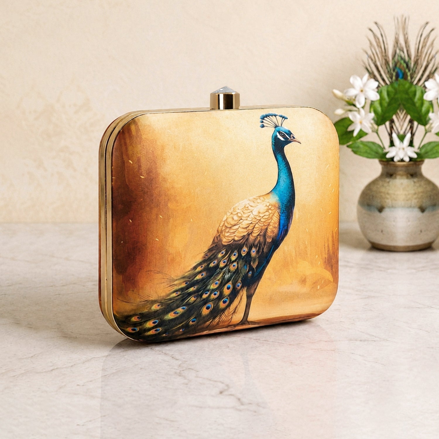 Orange-Peach Based Peacock Printed Clutch