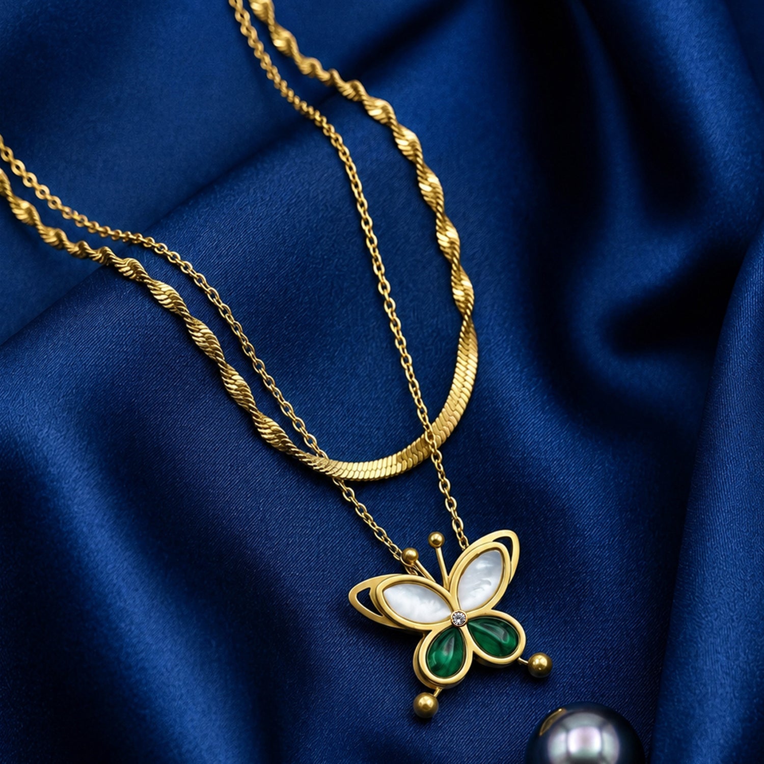 Artklim Green Butterfly Layered Gold Chain Anti-Tarnish Necklace