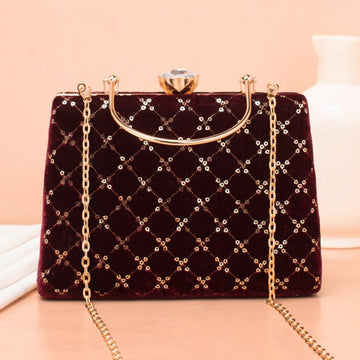 Artklim Brown Base Sequins Embroidery Ethnic Clutch