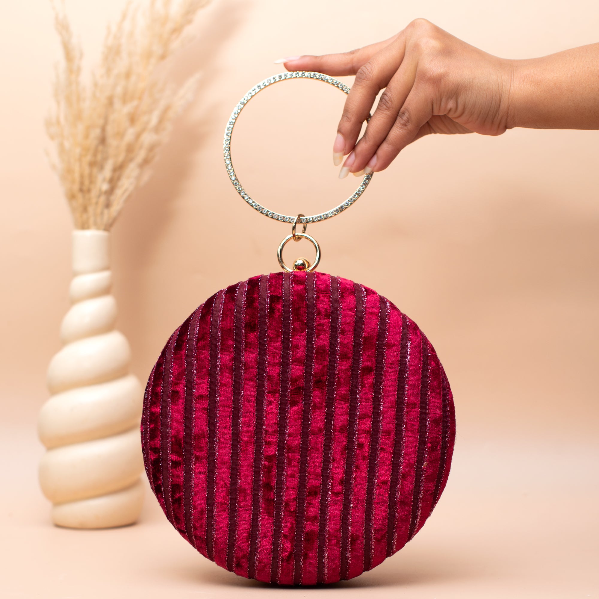 Artklim Crimson Luxe Velvet Stripe Embroidery Clutch