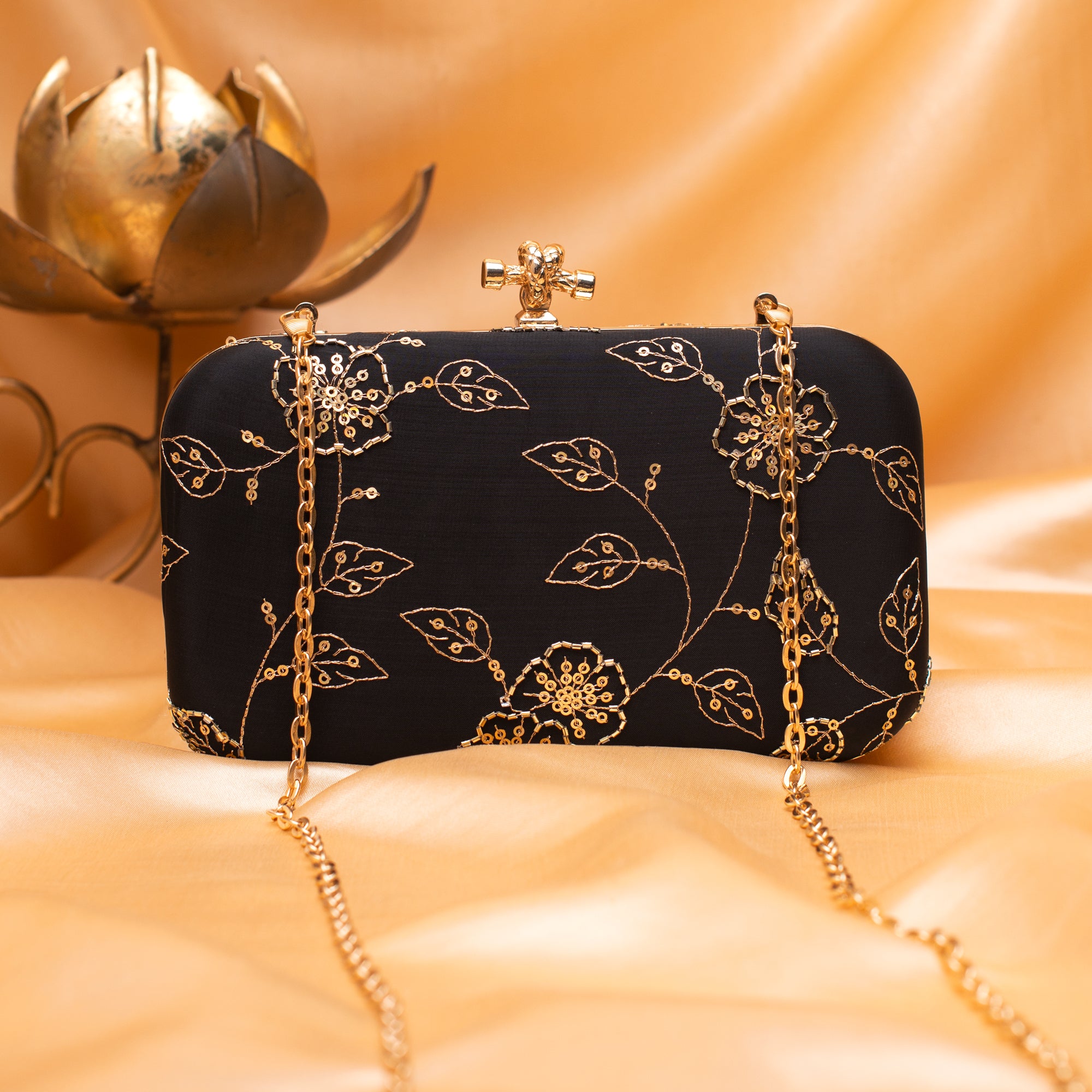 Artklim Royal Midnight Gold Sequin Blossom Clutch